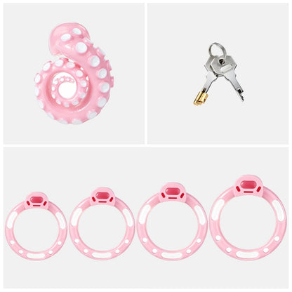 Pink octopus tentacle cage set with four base rings, locking cylinder and two keys.