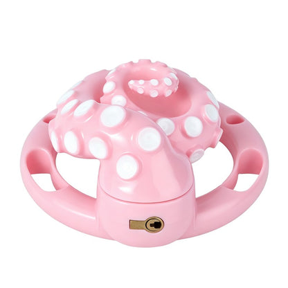 Pink octopus tentacle cage showing its keyed locking cylinder.