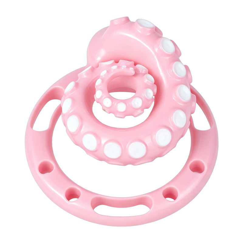 Angled view of the pink cage showing the locking end and base ring.