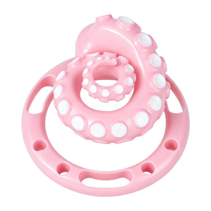 Angled view of the pink cage showing the locking end and base ring.