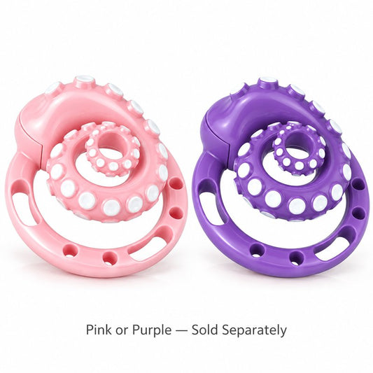Pink and purple octopus tentacle chastity cage color options with matching base rings; each color set is sold separately.