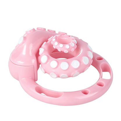 Top view of the pink tentacle cage showing its inward spiral and white suction-cup accents.