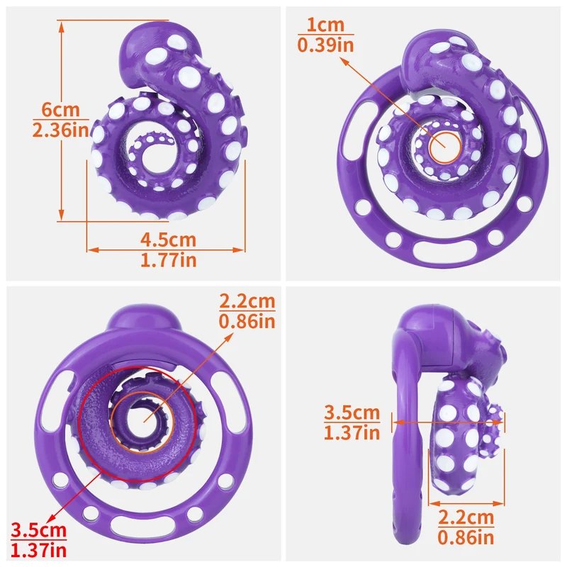 Purple octopus tentacle cage dimension diagram with front, rear and side measurements.