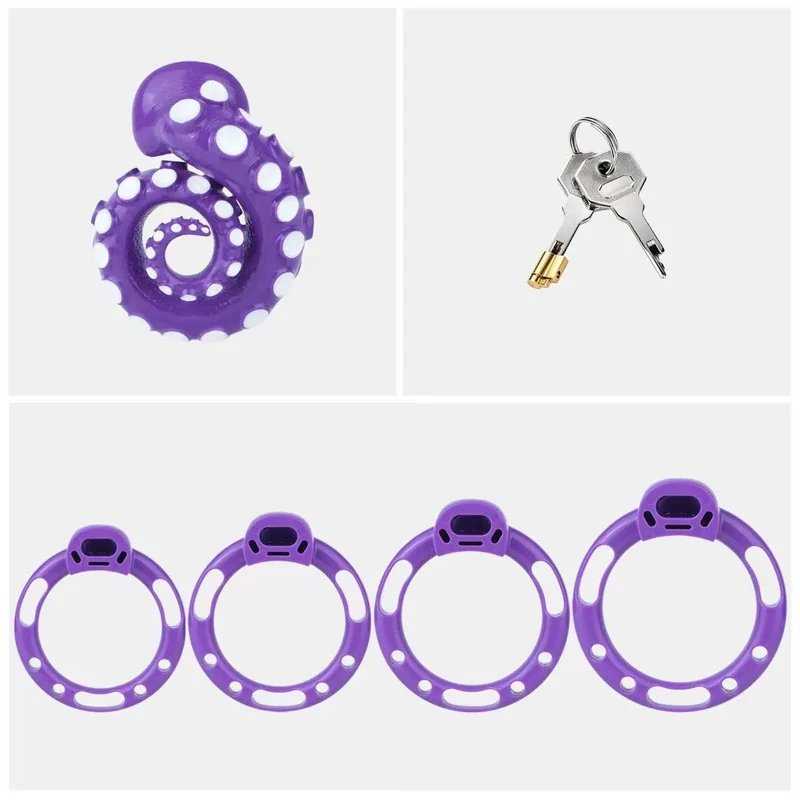 Purple octopus tentacle cage set with four base rings, locking cylinder and two keys.