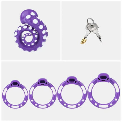 Purple octopus tentacle cage set with four base rings, locking cylinder and two keys.