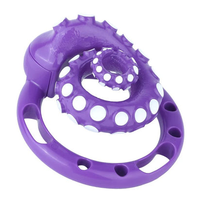 Purple octopus tentacle chastity cage with white suction-cup details and matching base ring, angled front view.