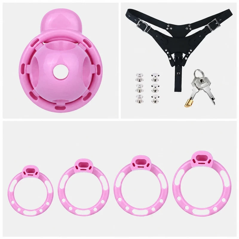 Pink chastity cage with four base rings, a black three-way belt, metal fasteners, padlock and two keys.