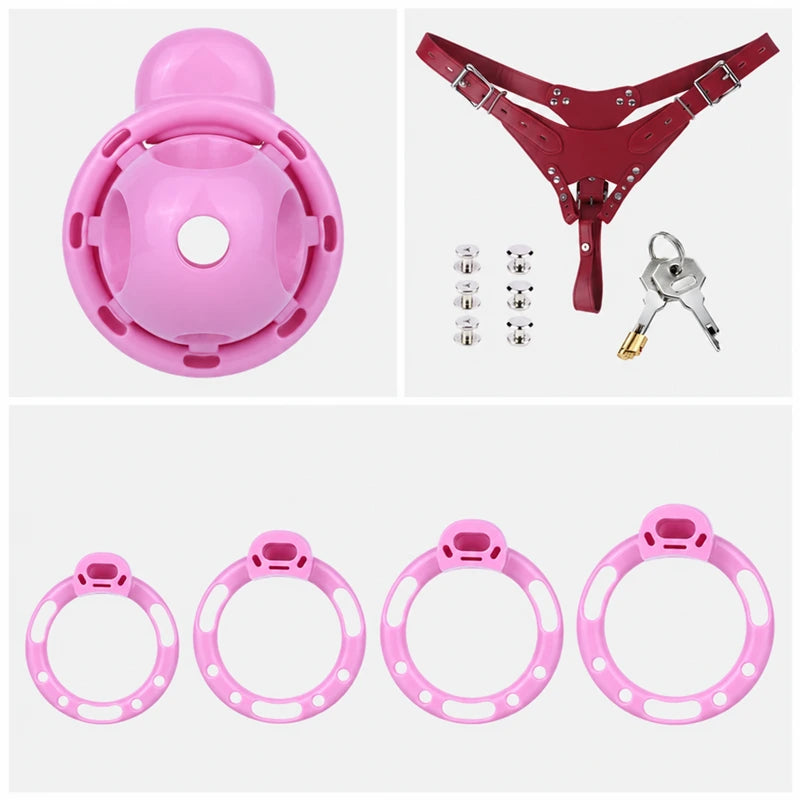 Pink chastity cage with four base rings, a red three-way belt, metal fasteners, padlock and two keys.