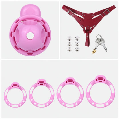 Pink chastity cage with four base rings, a red three-way belt, metal fasteners, padlock and two keys.
