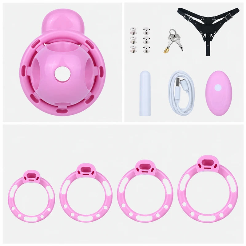 Pink chastity cage set with four base rings, a black three-way belt, detachable vibrator, pink remote, charging cable, metal fasteners, padlock and two keys.