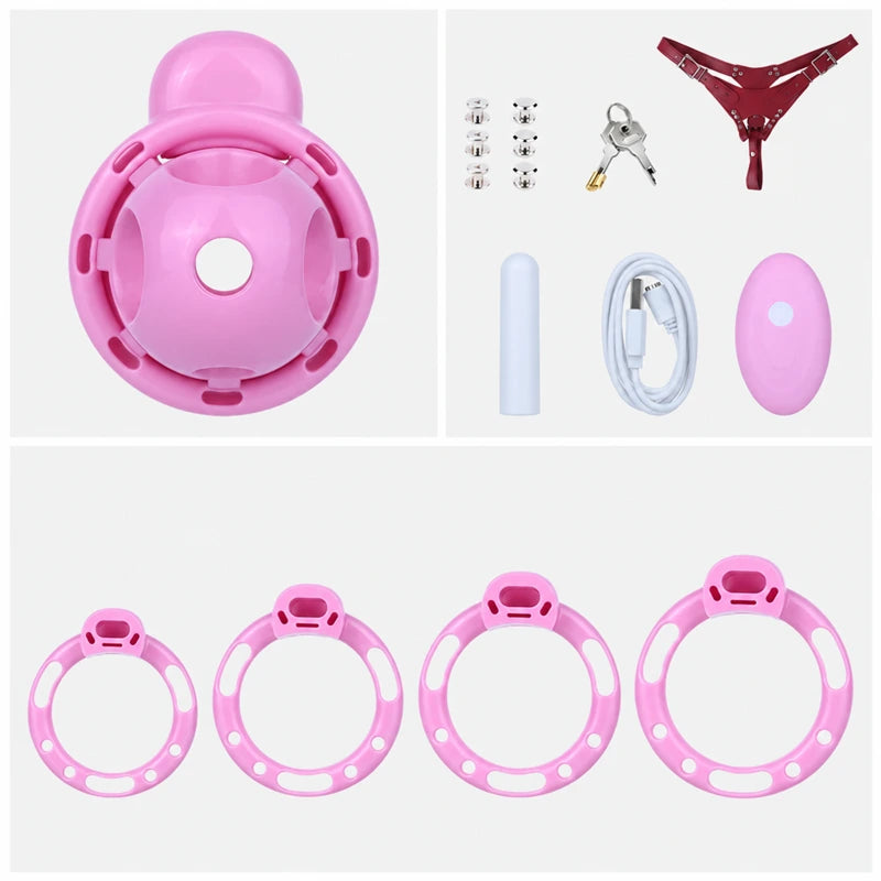 Pink chastity cage set with four base rings, a red three-way belt, detachable vibrator, pink remote, charging cable, metal fasteners, padlock and two keys.