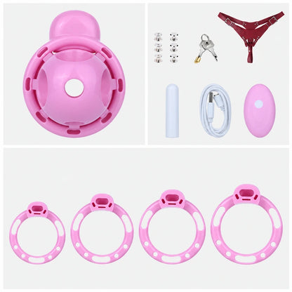 Pink chastity cage set with four base rings, a red three-way belt, detachable vibrator, pink remote, charging cable, metal fasteners, padlock and two keys.