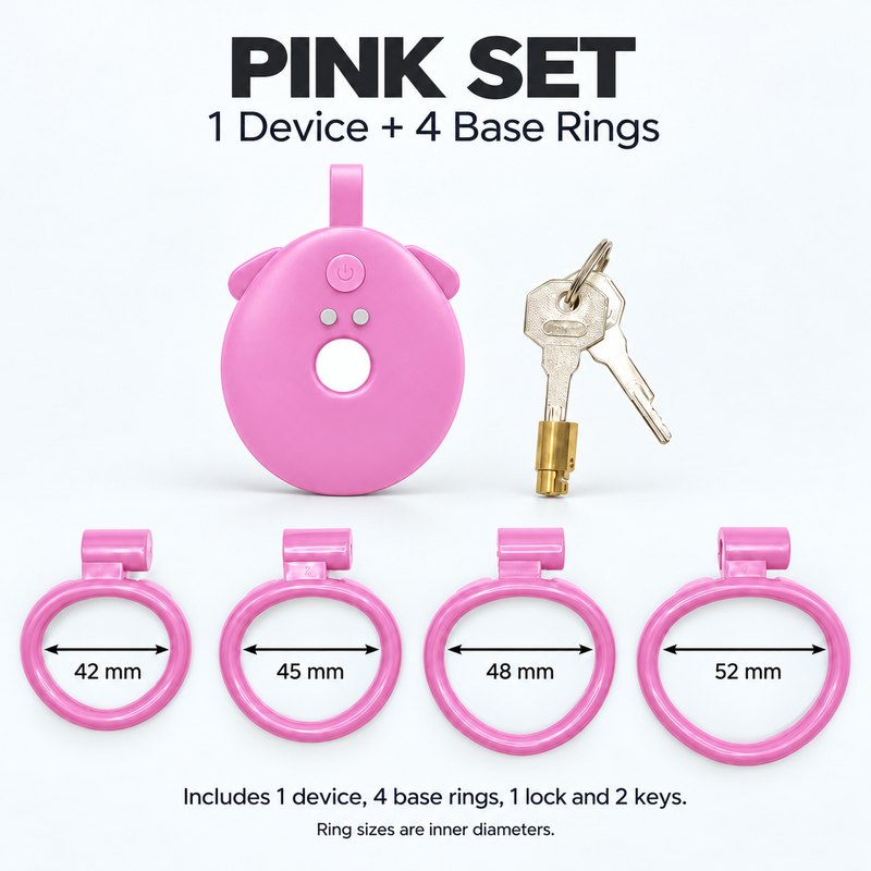Pink inverted vibrating chastity cage set with 42, 45, 48 and 52 mm base rings, one lock and two keys.