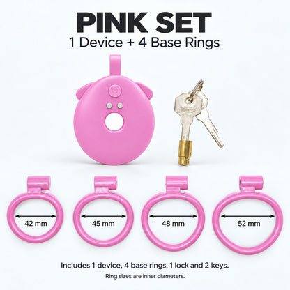 Pink inverted vibrating chastity cage set with 42, 45, 48 and 52 mm base rings, one lock and two keys.