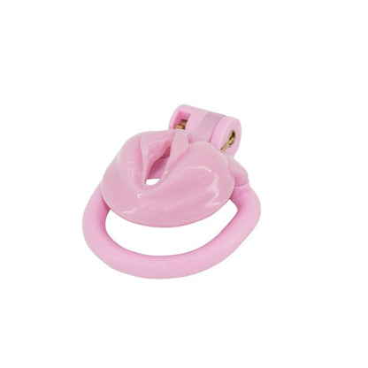 Alt="Pink pussy-shaped resin chastity cage with ergonomic hollow-out design for comfort and hygiene"
