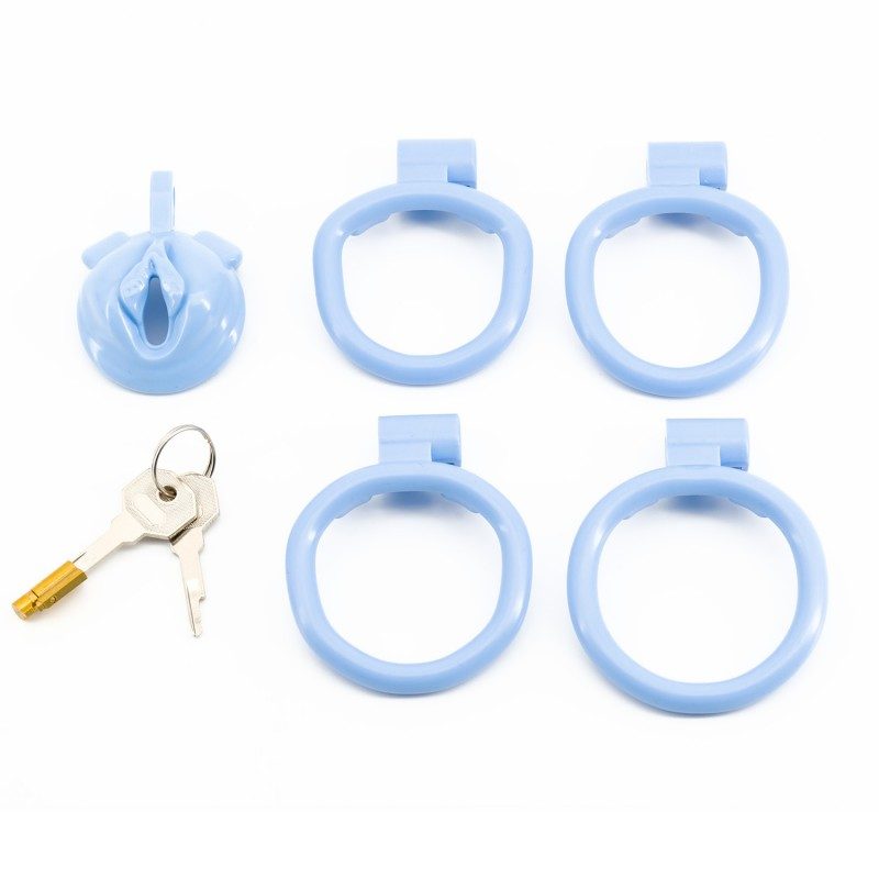 Pussy shaped resin chastity cage in blue, ergonomic and comfortable design