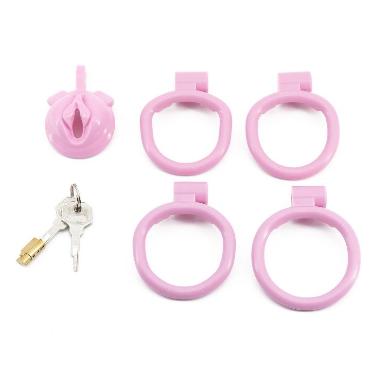 Pink pussy-shaped resin chastity cage with ergonomic hollow-out design for comfort and hygiene