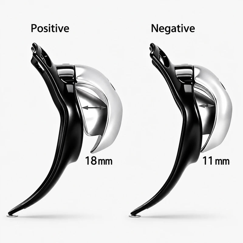 Side-profile comparison of the resin chastity cage, labeled Positive 18 mm and Negative 11 mm.