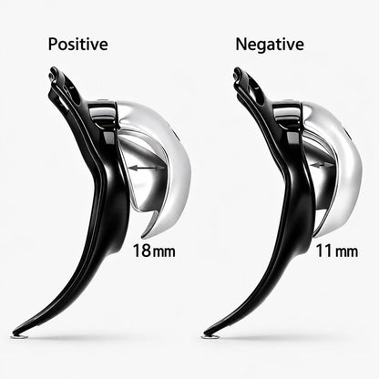 Side-profile comparison of the resin chastity cage, labeled Positive 18 mm and Negative 11 mm.