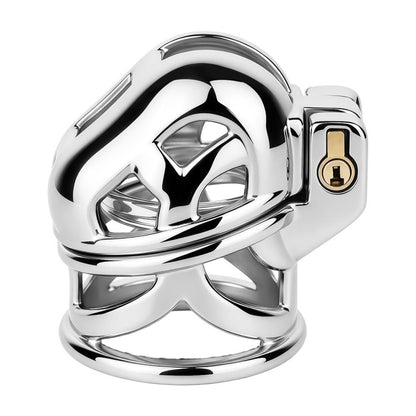 Angled side view of the assembled stainless steel ringless chastity cage, showing the gold-tone keyhole and polished open-frame body.