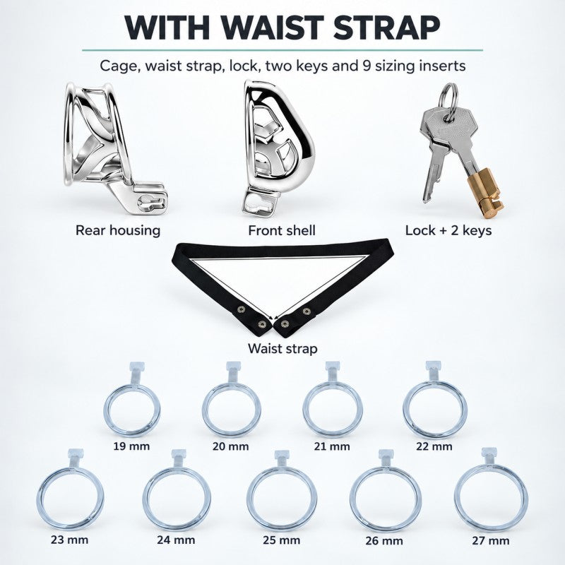 Device Set + Black Belt contents: two sections of one cage, one black waist strap, one lock, two keys and all nine 19–27 mm sizing inserts.