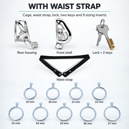 Device Set + Black Belt contents: two sections of one cage, one black waist strap, one lock, two keys and all nine 19–27 mm sizing inserts.
