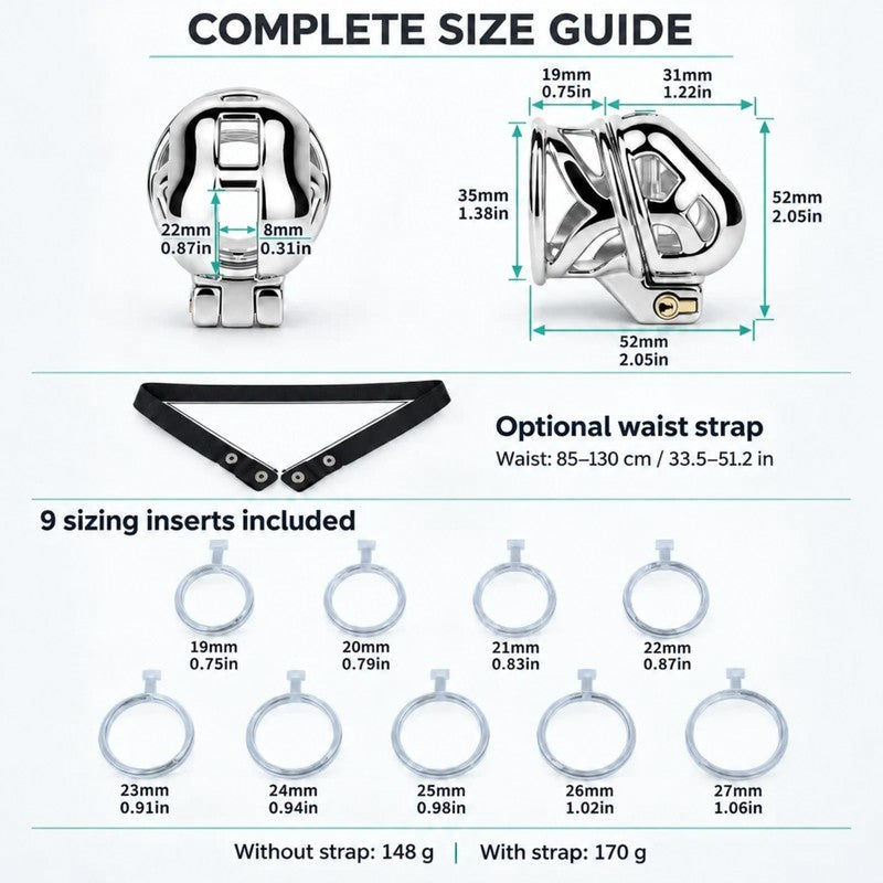 Complete size guide showing front and side cage measurements, optional 85–130 cm waist strap and nine included sizing inserts from 19 to 27 mm.