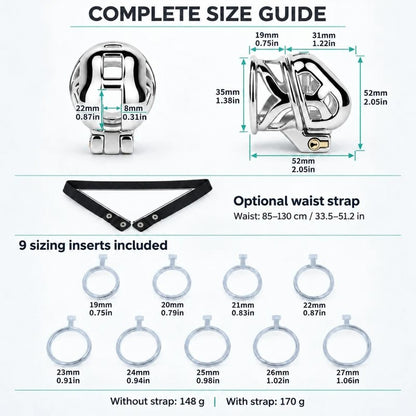 Complete size guide showing front and side cage measurements, optional 85–130 cm waist strap and nine included sizing inserts from 19 to 27 mm.