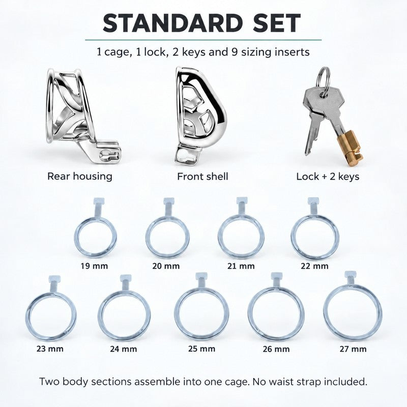 Device Set contents: two body sections that assemble into one cage, one lock, two keys and nine sizing inserts from 19 to 27 mm; no waist strap.