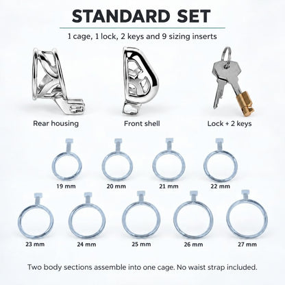 Device Set contents: two body sections that assemble into one cage, one lock, two keys and nine sizing inserts from 19 to 27 mm; no waist strap.