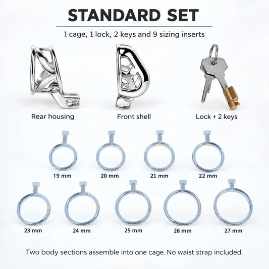 Device Set contents: two body sections that assemble into one cage, one lock, two keys and nine sizing inserts from 19 to 27 mm; no waist strap.