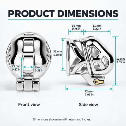Front and side dimension chart for the ringless chastity cage, showing 52 mm overall length and height, 35 mm rear height and 22 by 8 mm front opening.