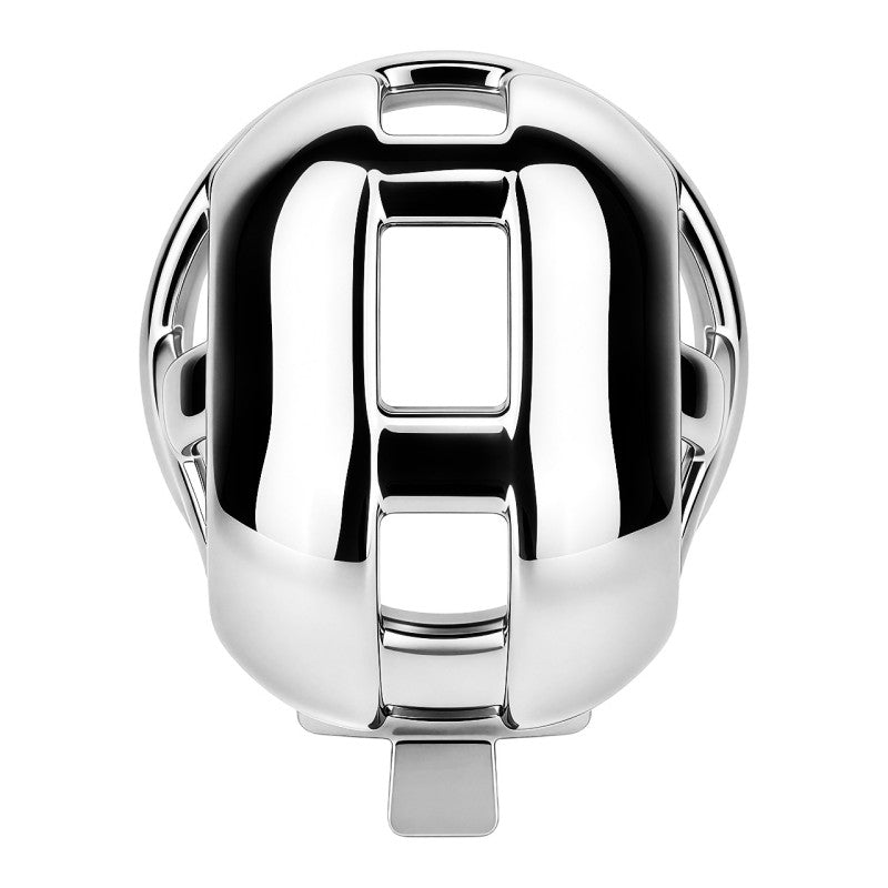 Front view of the separate polished stainless steel front shell, showing its rectangular openings and connection tab.
