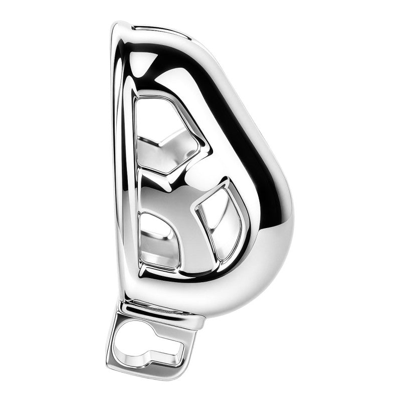Side profile of the separate polished stainless steel front shell with open-frame cutouts and connection tab.