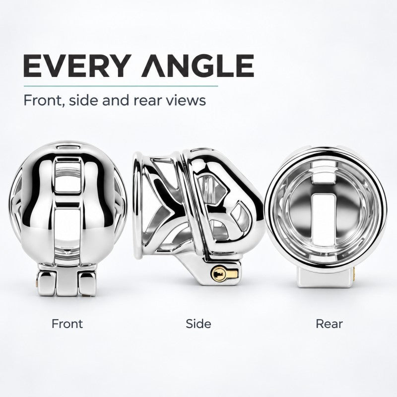 Front, side and rear views of the same stainless steel ringless chastity cage; only one cage is included in each set.