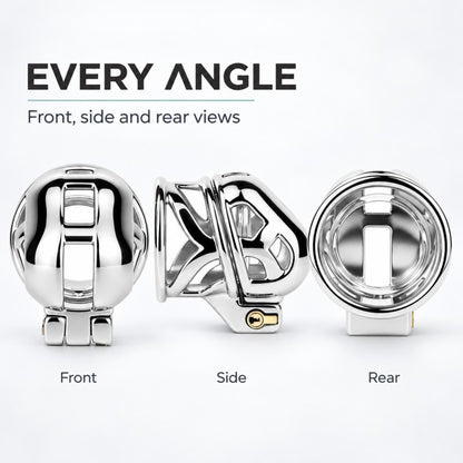 Front, side and rear views of the same stainless steel ringless chastity cage; only one cage is included in each set.