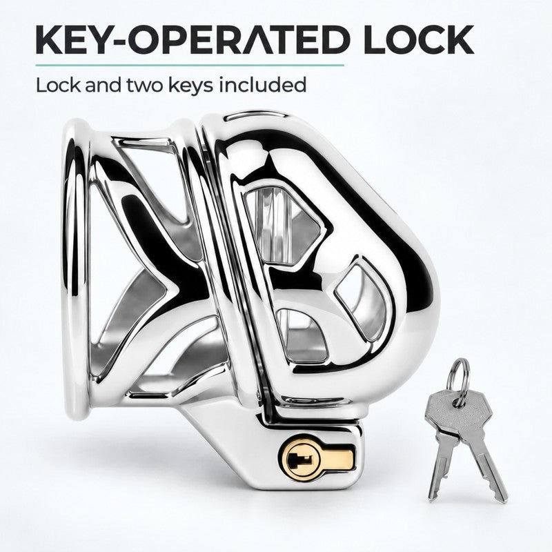 Side view of the stainless steel ringless chastity cage with its installed key-operated lock and two included keys.