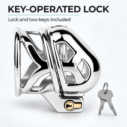 Side view of the stainless steel ringless chastity cage with its installed key-operated lock and two included keys.