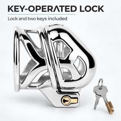 Side view of the ringless chastity cage with the key-operated lock, two keys and a separate illustration of the lock cylinder.