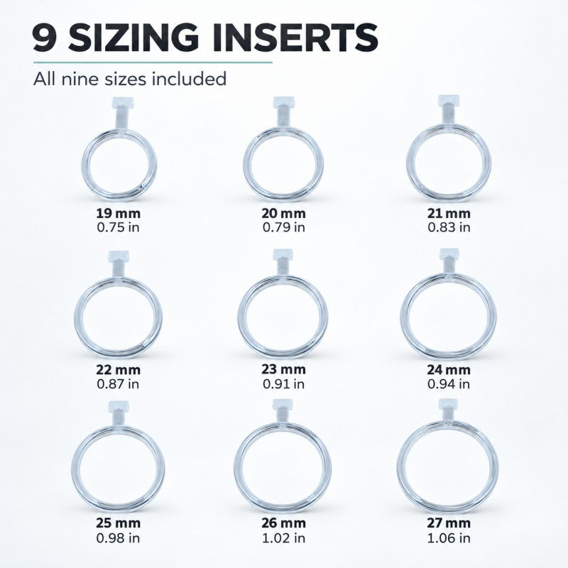 Nine included sizing inserts from 19 to 27 mm in 1 mm increments, with approximate inch conversions.