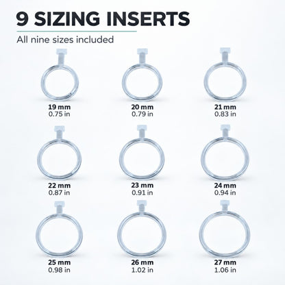 Nine included sizing inserts from 19 to 27 mm in 1 mm increments, with approximate inch conversions.