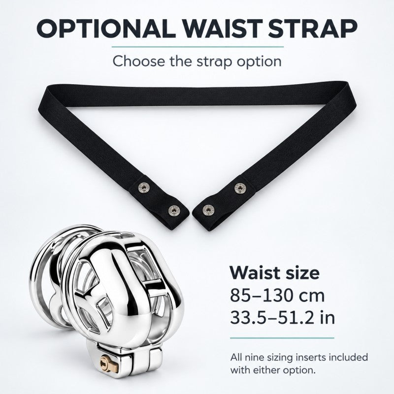Optional black waist strap for the ringless chastity cage, with a listed waist range of 85–130 cm or approximately 33.5–51.2 inches.