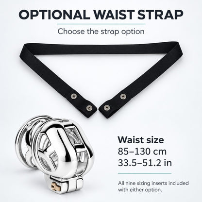 Optional black waist strap for the ringless chastity cage, with a listed waist range of 85–130 cm or approximately 33.5–51.2 inches.