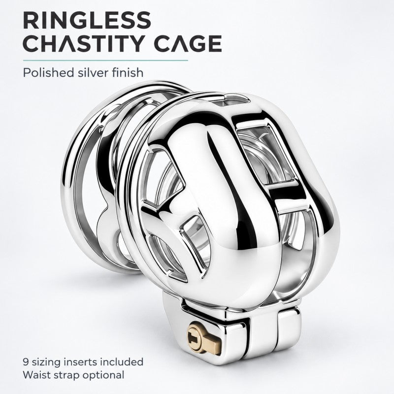 Polished silver stainless steel ringless chastity cage with an open-frame body and key-operated lock; nine sizing inserts are included and a waist strap is optional.