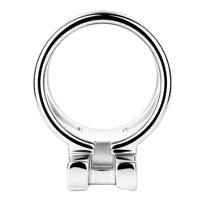 Rear opening of the polished stainless steel ringless chastity cage housing, shown as a separate component.
