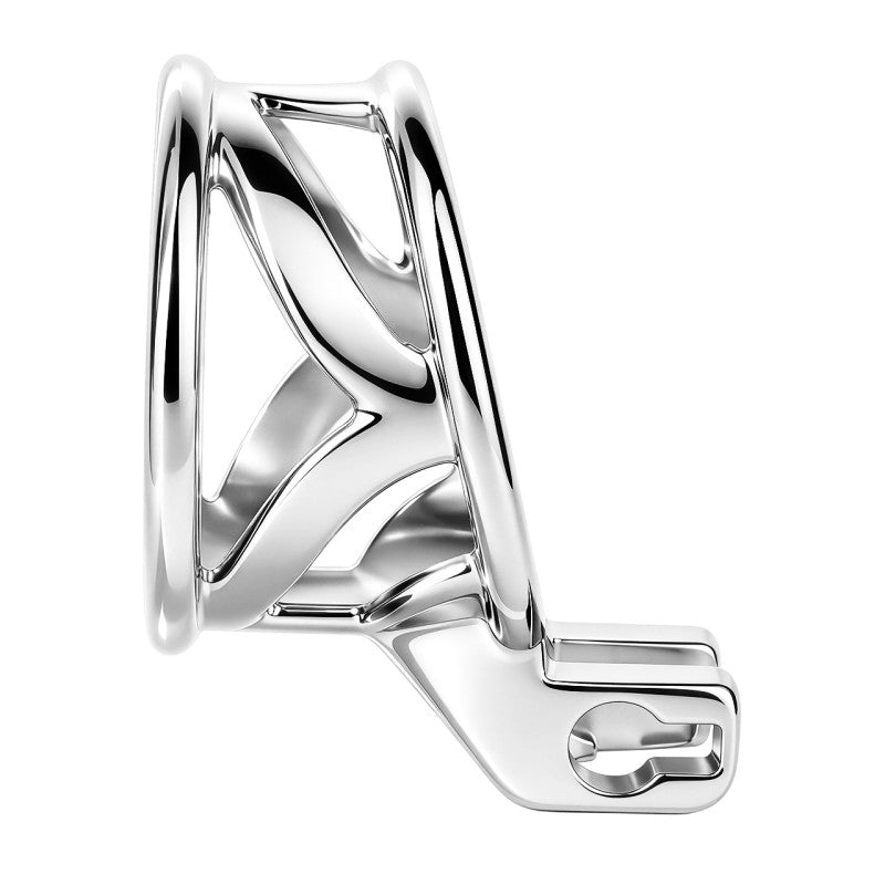Side profile of the separate stainless steel rear housing, showing its open frame and lock connection tab.