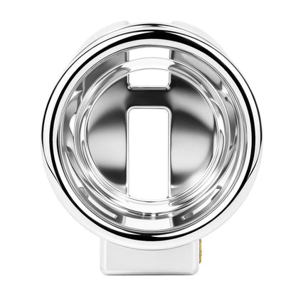 Rear view into the assembled stainless steel ringless chastity cage, showing the circular opening and inner surfaces.