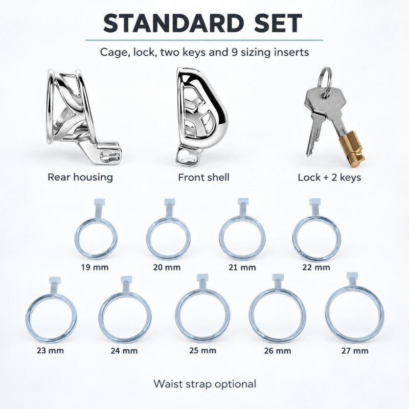 Standard device set showing the front shell, rear housing, one lock, two keys and all nine 19–27 mm sizing inserts.