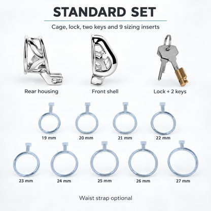 Standard device set showing the front shell, rear housing, one lock, two keys and all nine 19–27 mm sizing inserts.