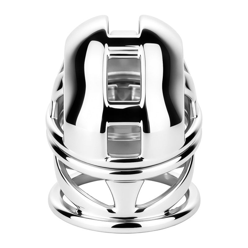 Top view of the assembled stainless steel ringless chastity cage, showing the front openings and curved rear housing.